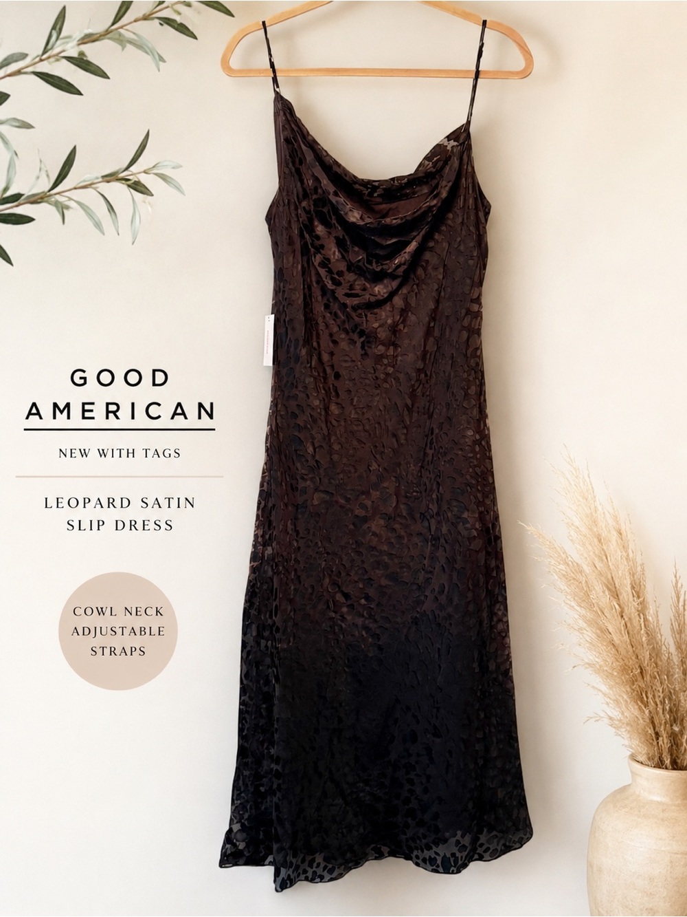 NWT Good American Leopard Print Satin Slip Dress Cowl Neck Midi Max Animal Print